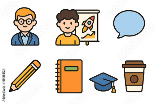 Startup Mentorship Icons. Flat vector mini-illustrations Startup mentorship session in colors children's illustrations: mentor
