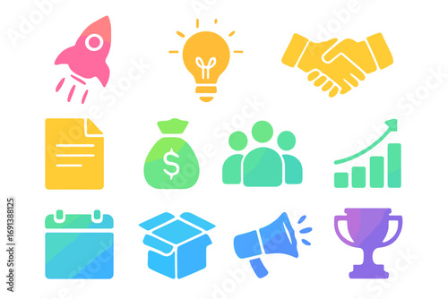Startup Journey Icons. Gradient icons set of entrepreneurial startup journey: rocket launch, lightbulb, gear, handshake, charter