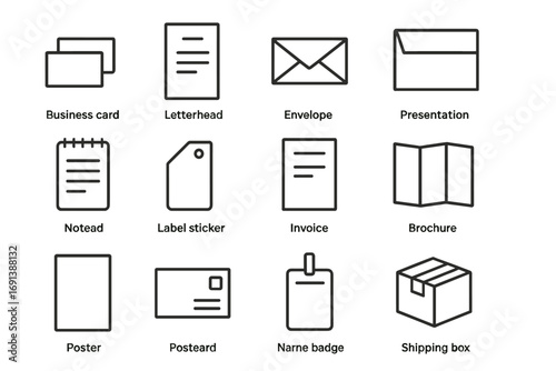 Stationery Icon Set. Outline icon set of stationery and print collateral: business card, letterhead, envelope, presentation folder