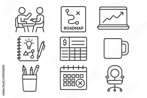 Startup Planning Icons. Outline icon set of Startup planning meeting: mentor explaining vision, mentee holding pen, startup