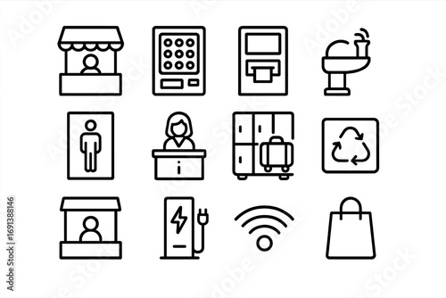 Station Amenities Icons. Outline icon set of station amenities: kiosk, vending machine, ATM, water fountain, restroom door,