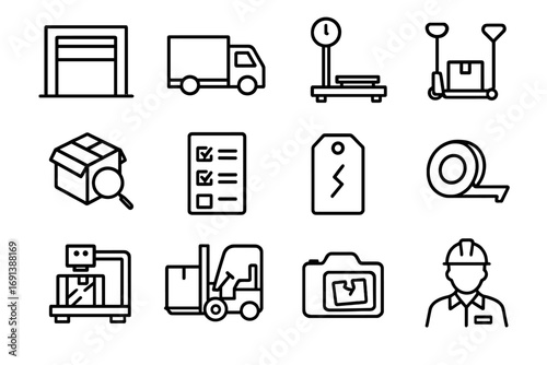 Stock Receiving Icons. Outline icon set of Stock receiving and inspection: dock door, delivery truck, receiving bay scale, pallet