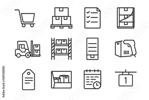 Stock Replenishment Icons. Outline icon set of Stock replenishment process: restock cart, pallet load, stock replenishment list,