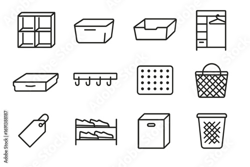Storage Solutions Icons. Outline icon set of storage and organization solutions: cubby shelf, storage bin, pull-out drawer, closet