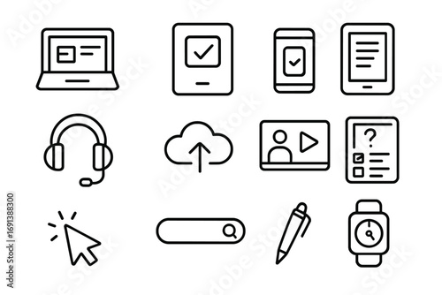 Study Tools Icons. Outline icon set of digital study tools: laptop with notes, tablet, smartphone with study app, e-book reader,