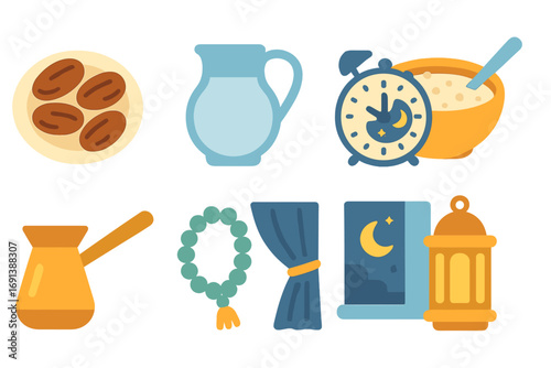 Suhoor Meal Icons. Flat vector mini-illustrations Pre-dawn Suhoor and Sahur meals in colors children's illustrations: plate with