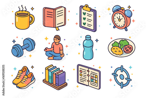 Success Habits Icons. Colorful isometric vector icons set of success habits: morning coffee, journal notebook, daily checklist,