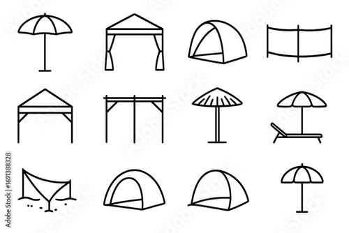 Summer Shade Icon Set. Outline icon set of beach shade canopies: large beach umbrella, cabana, pop-up sun shelter, windbreaker