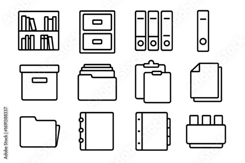 Study Materials Icons. Outline icon set of study materials organization: bookshelf, filing cabinet, labeled folders, binder,