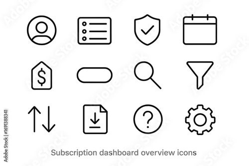 Subscription Dashboard Icons. Outline icon set of subscription dashboard overview: profile avatar, subscription list, plan badge,