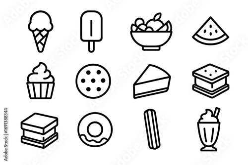 Summer Dessert Icons. Outline icon set of summer barbecue desserts: ice cream cone, popsicle, fruit salad bowl, watermelon slice,