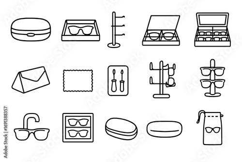 Sunglasses Storage Icons. Outline icon set of Sunglasses and eyewear storage: sunglasses case, sunglasses tray, eyeglass stand,