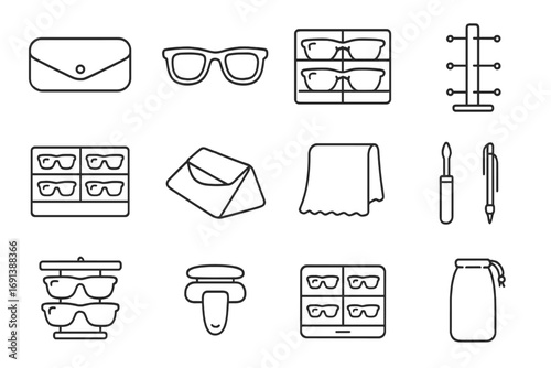 Sunglasses Storage Icons. Outline icon set of Sunglasses and eyewear storage: sunglasses case, sunglasses tray, eyeglass stand,