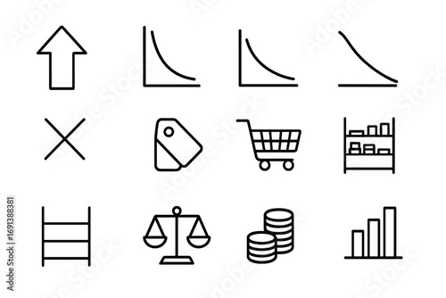 Supply and Demand Icons. Outline icon set of supply and demand shifts: upward arrow, downward arrow, demand curve, supply curve,