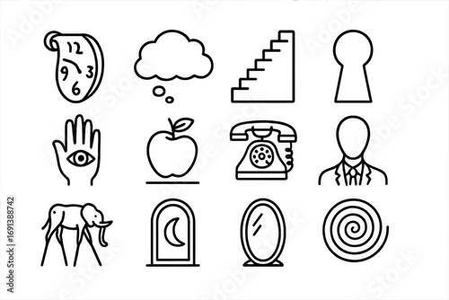Surreal Icon Set. Outline icon set of surrealism: melting clock, dream cloud, staircase to nowhere, keyhole, eye in hand, floating