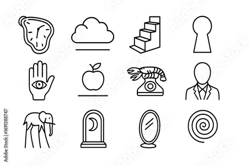 Surreal Icon Set. Outline icon set of surrealism: melting clock, dream cloud, staircase to nowhere, keyhole, eye in hand, floating