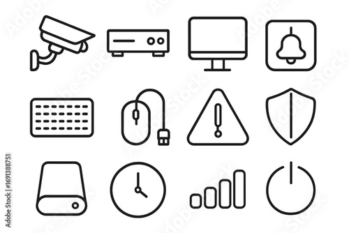 Surveillance Equipment Icons. Outline icon set of surveillance equipment monitoring: CCTV camera, DVR unit, monitor screen,