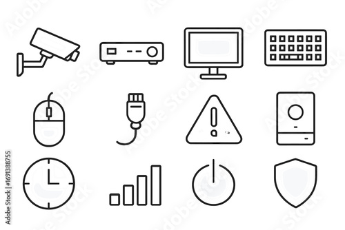 Surveillance Equipment Icons. Outline icon set of surveillance equipment monitoring: CCTV camera, DVR unit, monitor screen,