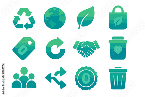 Sustainable Consumption Icons. Gradient icons set of sustainable consumption symbols: recycling triangle, earth globe, green leaf,