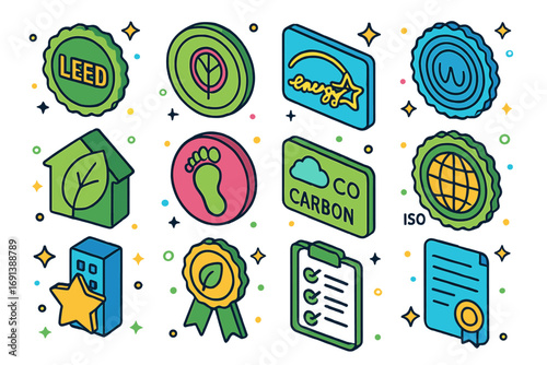 Sustainability Standard Icons. Colorful isometric vector icons set of certifications and standards for net-zero: LEED badge,