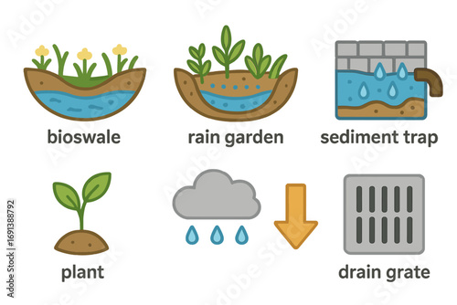 Sustainable Drainage Solutions. Flat vector mini-illustrations Sustainable stormwater management in colors children's