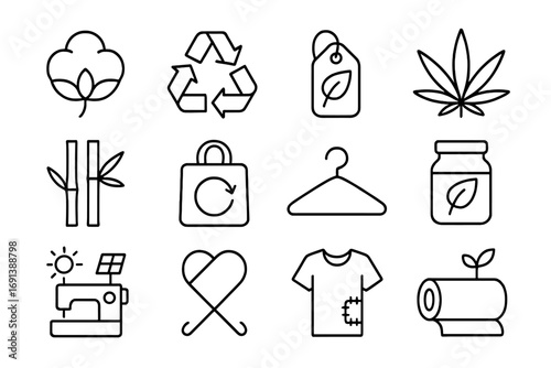 Sustainable Fashion Icons. Outline icon set of sustainable fashion: organic cotton, recycle symbol, eco tag, hemp leaf, bamboo
