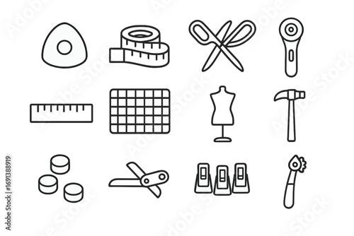 Tailoring Tools Icons. Outline icon set of tailoring tools: tailor’s chalk, measuring tape, scissors, rotary cutter, ruler,