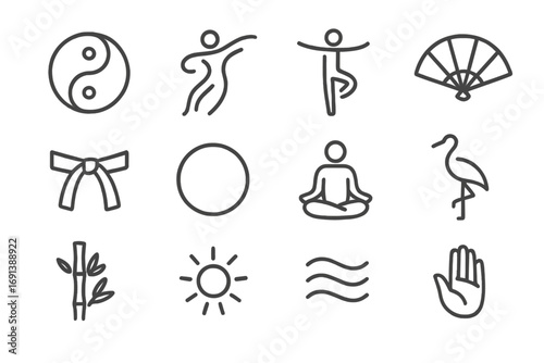 Tai Chi Icon Set. Outline icon set of tai chi and movement therapy: yin yang, flowing body figure, balance pose, tai chi fan,