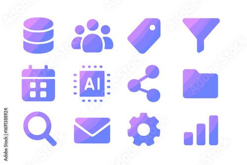 Talent Pool Icons. Gradient icons set of talent pool management: database cylinder, user group, tag icon, filter funnel, calendar,