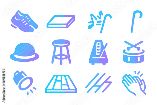 Tap Dance Icons Set. Gradient icons set of tap dance show numbers: tap shoes, tap board, rhythm lines, cane, bowler hat, stool,