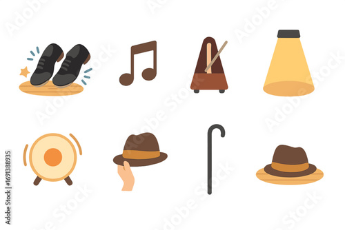 Tap Dance Icons. Flat vector mini-illustrations Tap shoes tapping rhythm on wooden floor in colors children's illustrations: tap