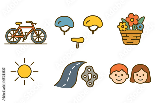 Tandem Bicycle Adventure. Flat vector mini-illustrations Tandem bicycle ride in colors children's illustrations: tandem bike, two