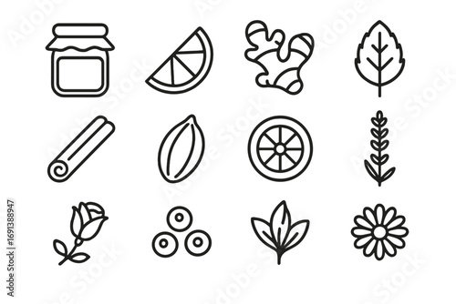Tea Add-In Icons. Outline icon set of healthy tea add-ins: honey jar, lemon wedge, ginger root, mint leaf, cinnamon stick,