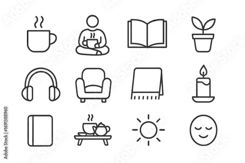 Tea Relaxation Icons. Outline icon set of relaxing tea moments: steaming mug, person sitting with tea, book, plant pot, headphones