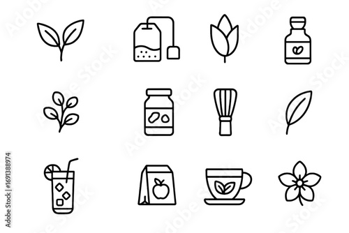 Tea Varieties Icons. Outline icon set of tea varieties: green tea leaves, black tea bag, white tea bud, herbal infusion, chai