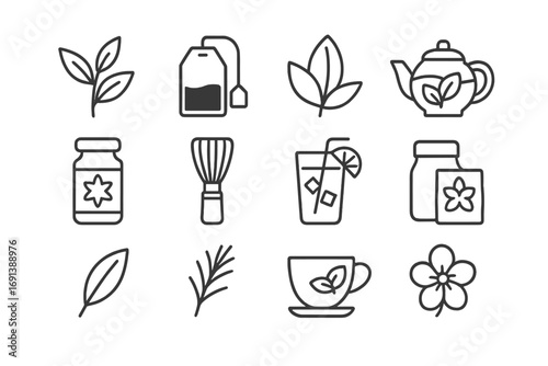Tea Varieties Icons. Outline icon set of tea varieties: green tea leaves, black tea bag, white tea bud, herbal infusion, chai