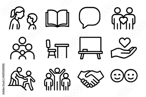 Teaching Empathy Icons. Outline icon set of teaching empathy: teacher and student, open book, speech bubble, two figures with