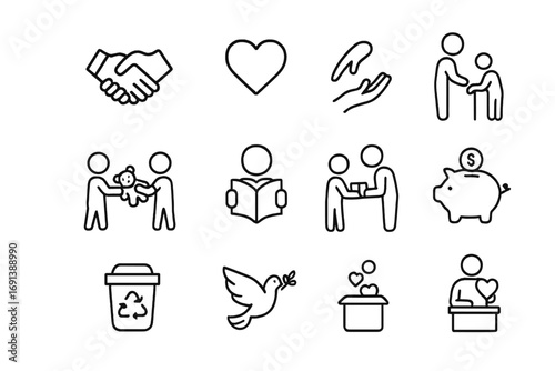 Teaching Moral Values Icons. Outline icon set of Teaching moral values: handshake, heart icon, helping hand, sharing toys, reading