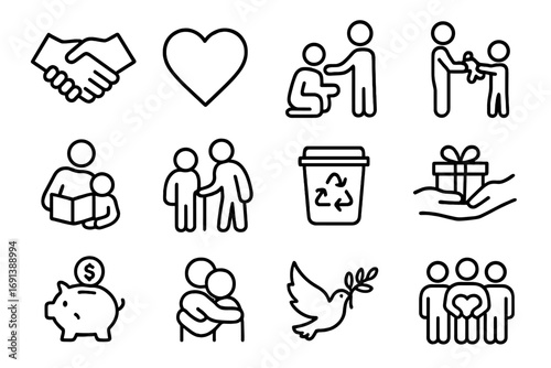 Teaching Moral Values Icons. Outline icon set of Teaching moral values: handshake, heart icon, helping hand, sharing toys, reading