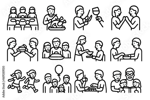 Thanksgiving Family Icons. Outline icon set of Thanksgiving family activities: family sitting at table, carving turkey, toasting
