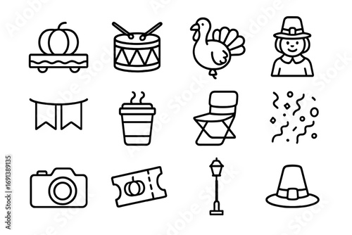 Thanksgiving Parade Icons. Outline icon set of Thanksgiving parade and festivities: parade float, marching band drum, balloon