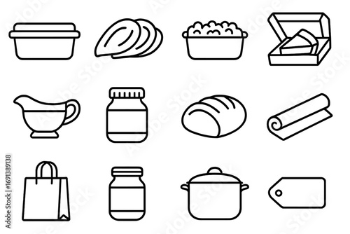 Thanksgiving Leftovers Icons. Outline icon set of Thanksgiving leftovers and storage: food container, turkey slices, stuffing