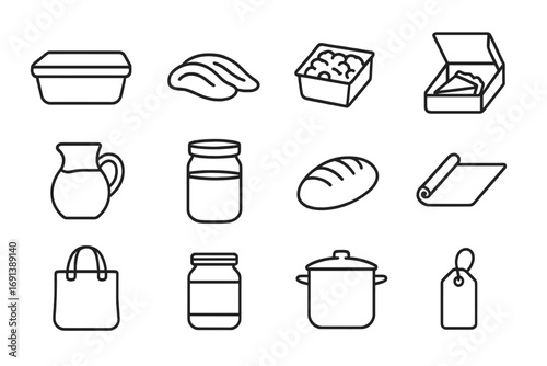 Thanksgiving Leftovers Icons. Outline icon set of Thanksgiving leftovers and storage: food container, turkey slices, stuffing