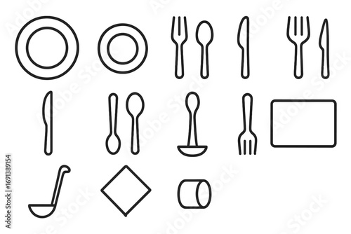 Thanksgiving Tableware Icons. Outline icon set of Thanksgiving tableware and utensils: dinner plate, salad plate, soup bowl, fork,
