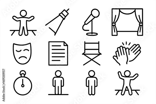 Theater Icon Set. Outline icon set of actors performing a dramatic monologue: actor on stage, spotlight beam, microphone, stage