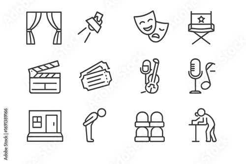 Theater and Music Icons. Outline icon set of live theater performance: stage curtains, spotlight, comedy mask, tragedy mask,