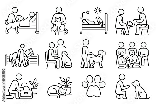Therapy Animal Icons. Outline icon set of therapy animals in healthcare settings: dog visiting hospital bed, cat on patient’s lap,