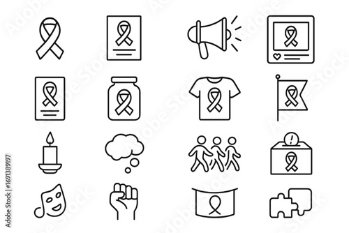 Therapy and Awareness Icons. Outline icon set of therapy techniques: cognitive behavioral therapy chart, relaxation pose, art