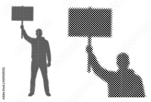 Silhouette of a person standing facing forward holding a sign in protest created with perfect pixels