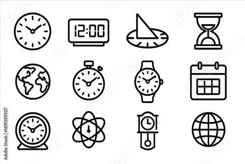 Time Measurement Icons. Outline icon set of Time measurement from Earth’s rotation: analog clock, digital clock, sundial,